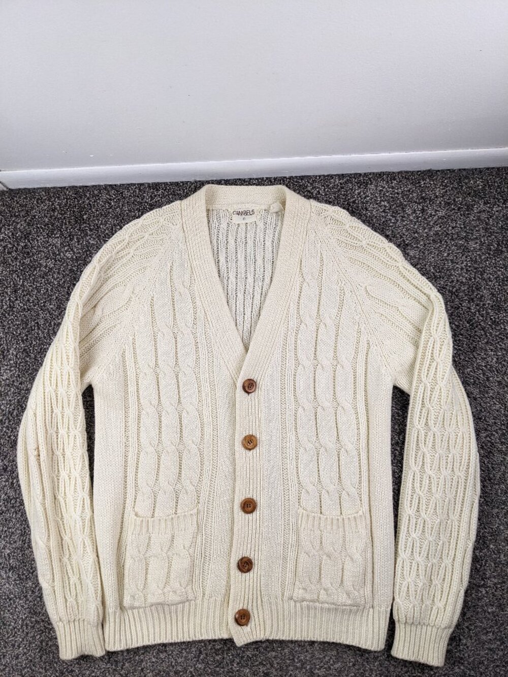 Vintage Gimbels Sweater Cardigan Cable Knit Fisherman Raglan Ivory Mens Large